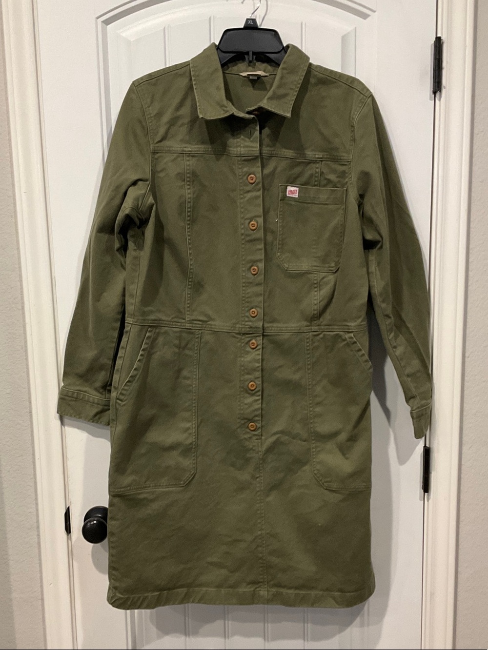 Duluth Trading Company Olive Green Button-Front Utility Dress.